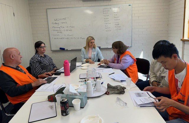 Kelly from White Box Enterprises is facilitating a workshop activity, surrounded by five Ability Works employees around a table who are discussing different financial wellbeing topics.